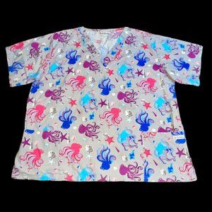 UA Scrubs Gray Pink Purple Star Octopus Sea Beach Women Plus 2XL Scrub Shirt Top
